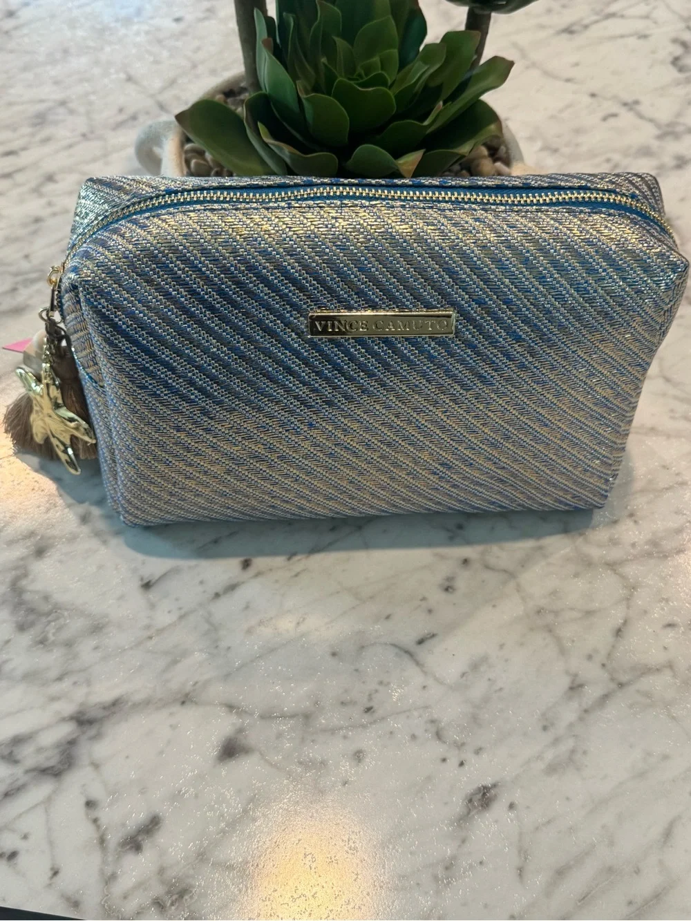Vince Camuto Metallic Blue Cosmetic Pouch with Charm
